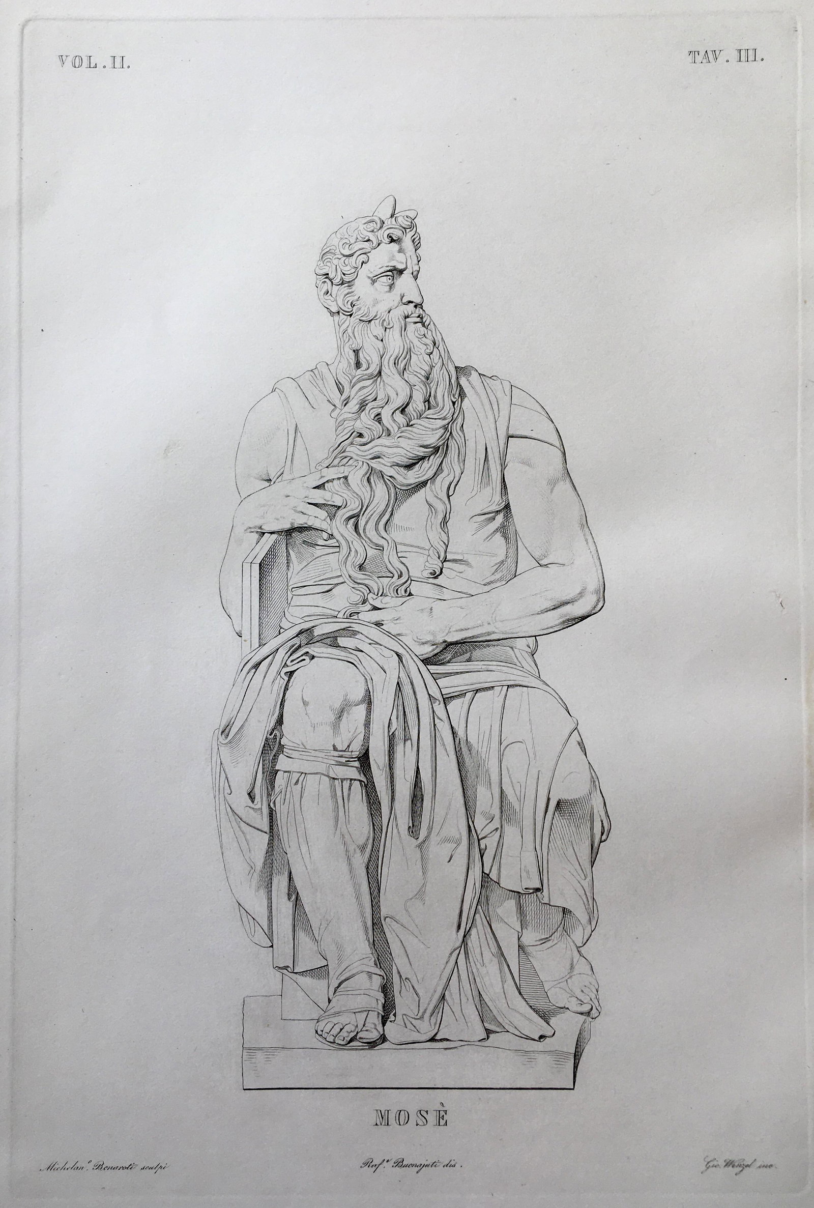 ANTIQUE RELIGIOUS ENGRAVING MICHELANGELO MOSES STATUE: Italian Religious Engraving. Sheet Size: 12 by 18 inches approx. Unframed. Printed Ca 1830.