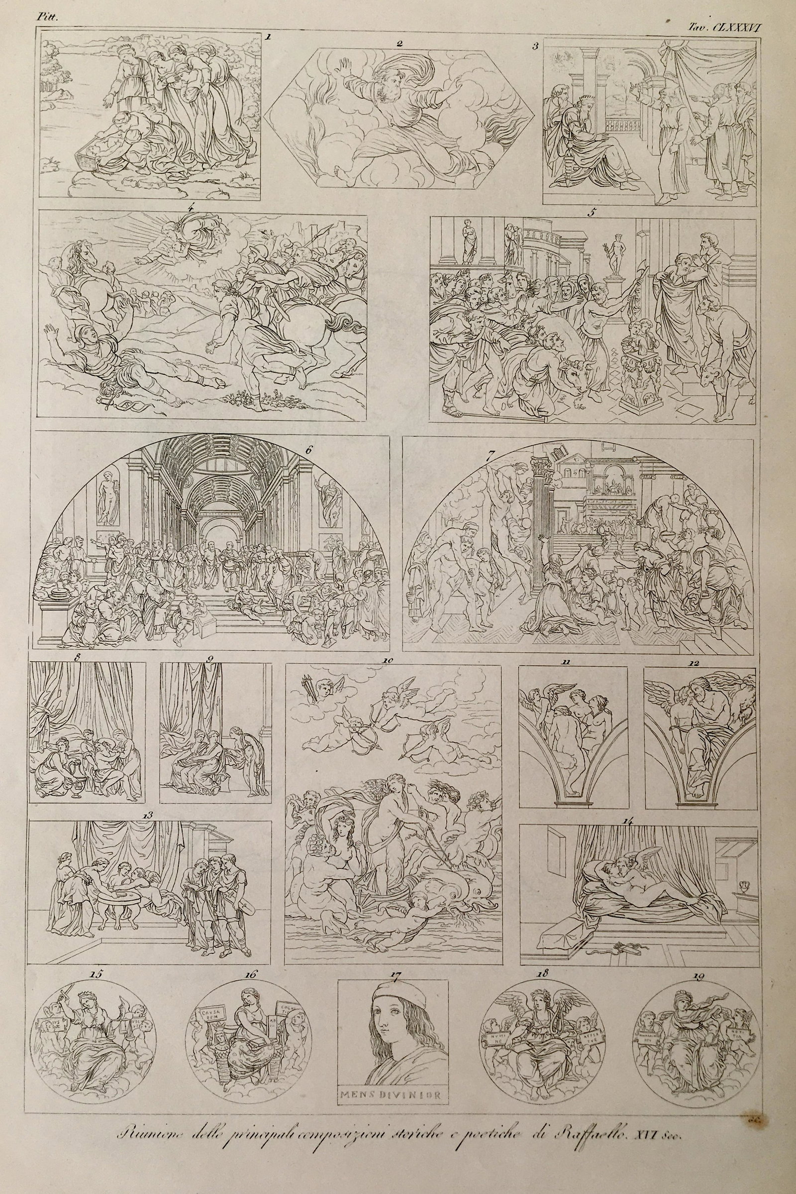 ANTIQUE ITALIAN RELIGIOUS ENGRAVING RAPHAEL PAINTINGS: Size: 20 X 12 inches approx. Unframed. Printed on both sides of the page, library seal on one of the sides, see photos. Printed Circa 1890.