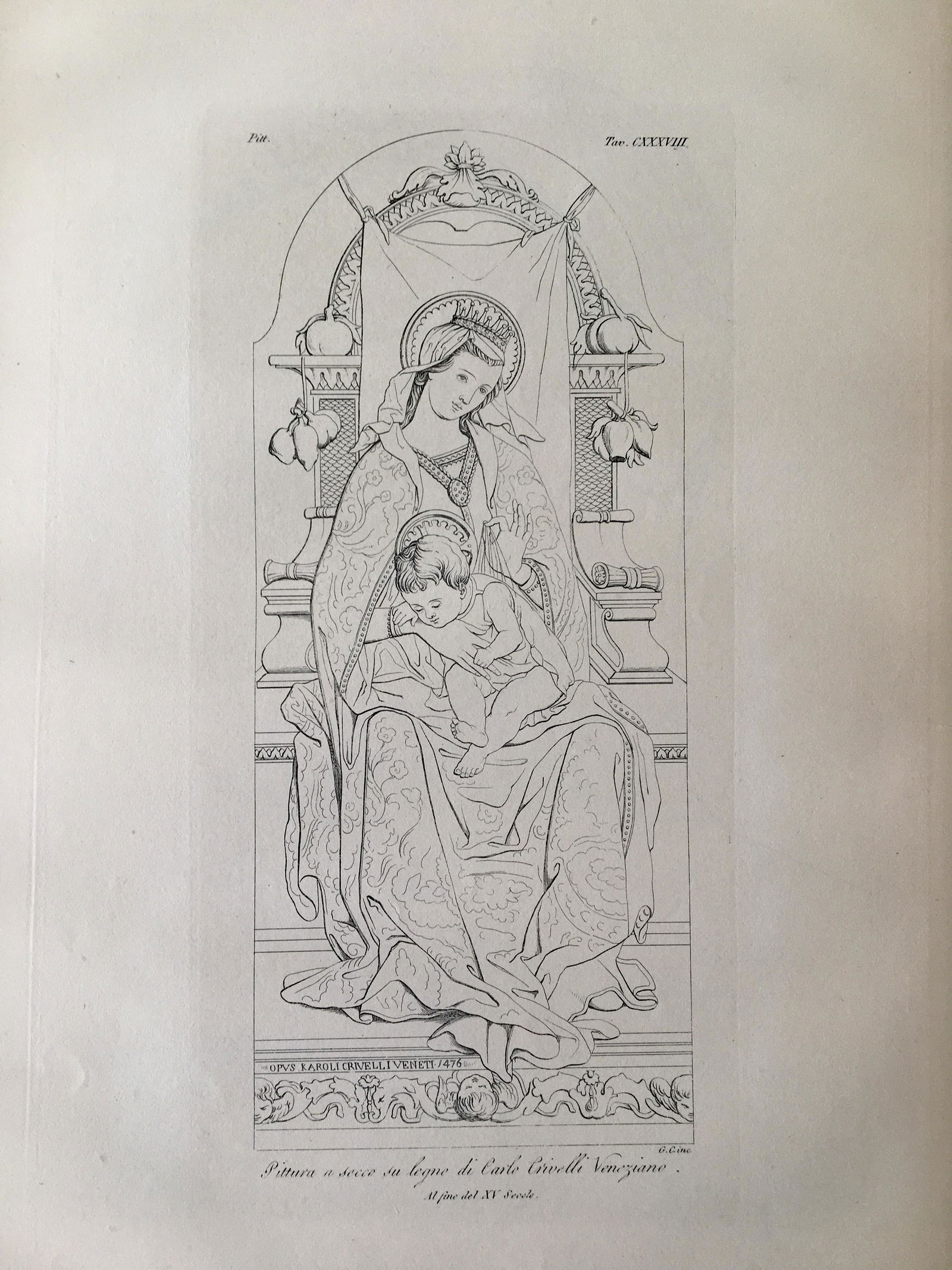 ANTIQUE ITALIAN ENGRAVING CARLO CRIVELLI: Size: 20 X 12 inches approx. Unframed. Printed on both sides of the page, library seal on one of the sides, see photos. Printed Circa 1890.