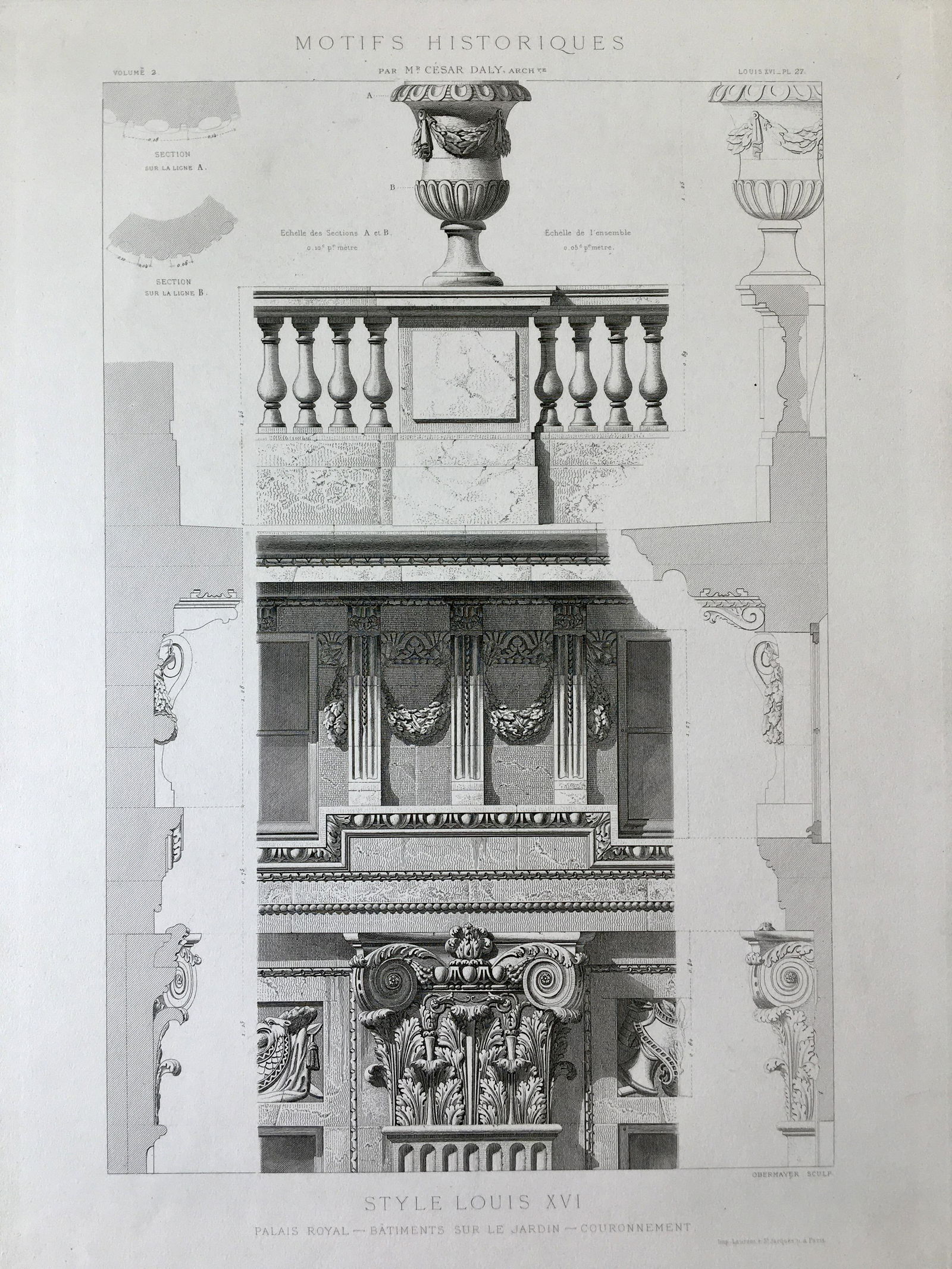 ANTIQUE FRENCH ARCHITECTURAL ENGRAVING STYLE LOUIS XVI (1 of 2)