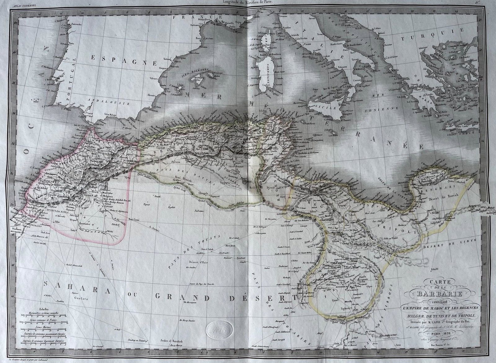 LAPIE ORIGINAL ANTIQUE MAP ALGERIA TUNISIA TRIPOLI 1829: Original Carte De La Barbarie -Maroc - D'Alger, De Tunis, De Tripoli 1829 SIZE: 25.5 X 20 INCHES APPROX. UNFRAMED