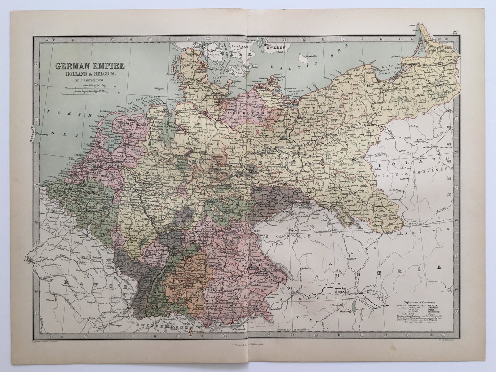 GERMAN EMPIRE, HOLLAND & BELGIUM MAP 1878: Size: 18 X 13 inches approx. Unframed. Printed 1878. Centerfold as issued.