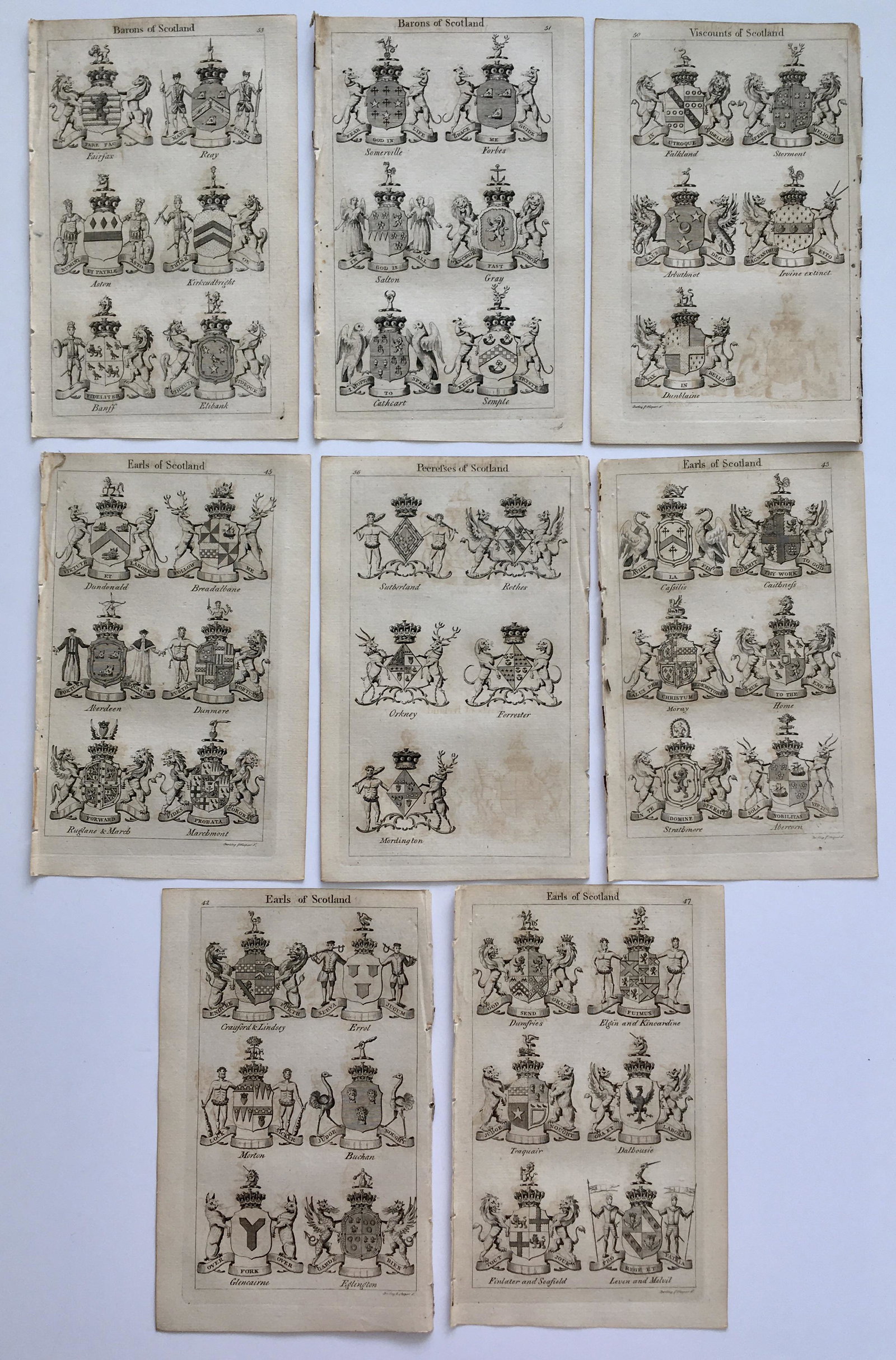 8 COATS OF ARMS SCOTTISH NOBILITY JOSEPH EDMONDSON 1785: Lot of 6 Coats of Arms engravings by Joseph Edmondson. Size: 8.5 X 5.5 inches approx. Unframed. Printed on both sides. Circa 1785
