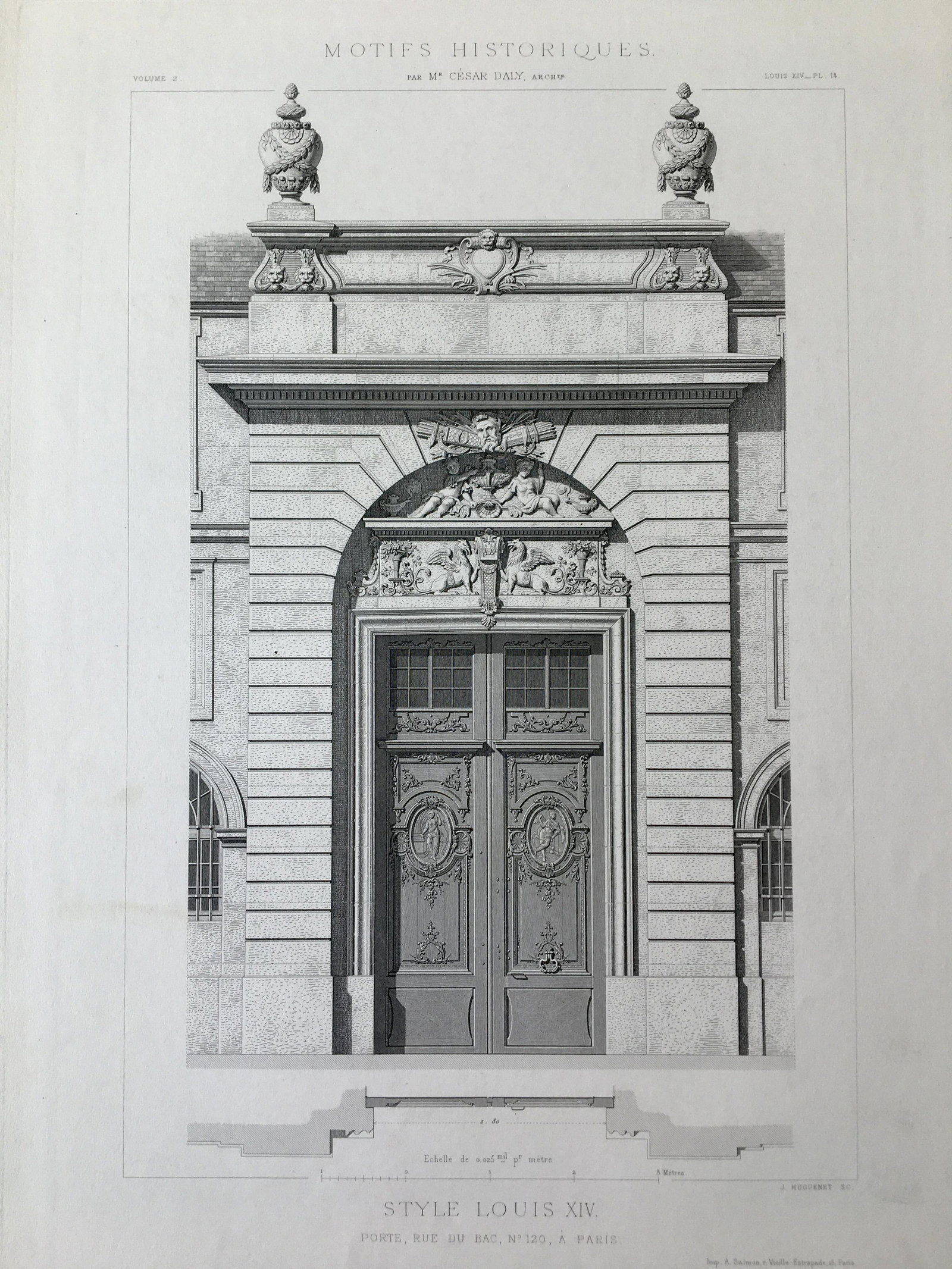 ANTIQUE FRENCH ARCHITECTURAL ENGRAVING STYLE LOUIS XIV (1 of 2)