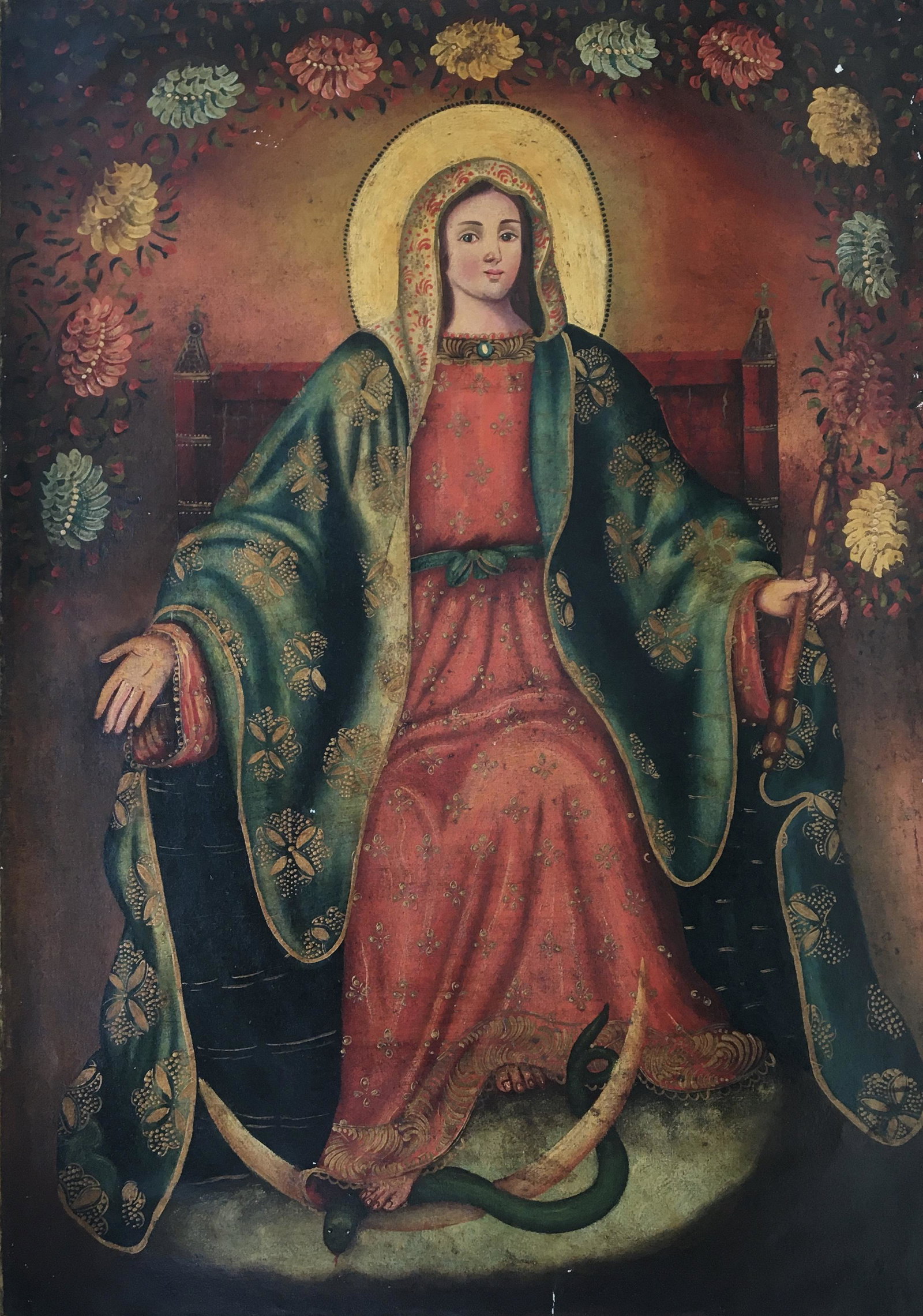 RELIGIOUS PAINTING VIRGIN: Peruvian Cusco painting on canvas. Size: 27 X 19 inches. Unframed. Canvas comes rolled. The Cusco School is a Roman Catholic artistic tradition based in Cusco, Peru during the Colonial period from the