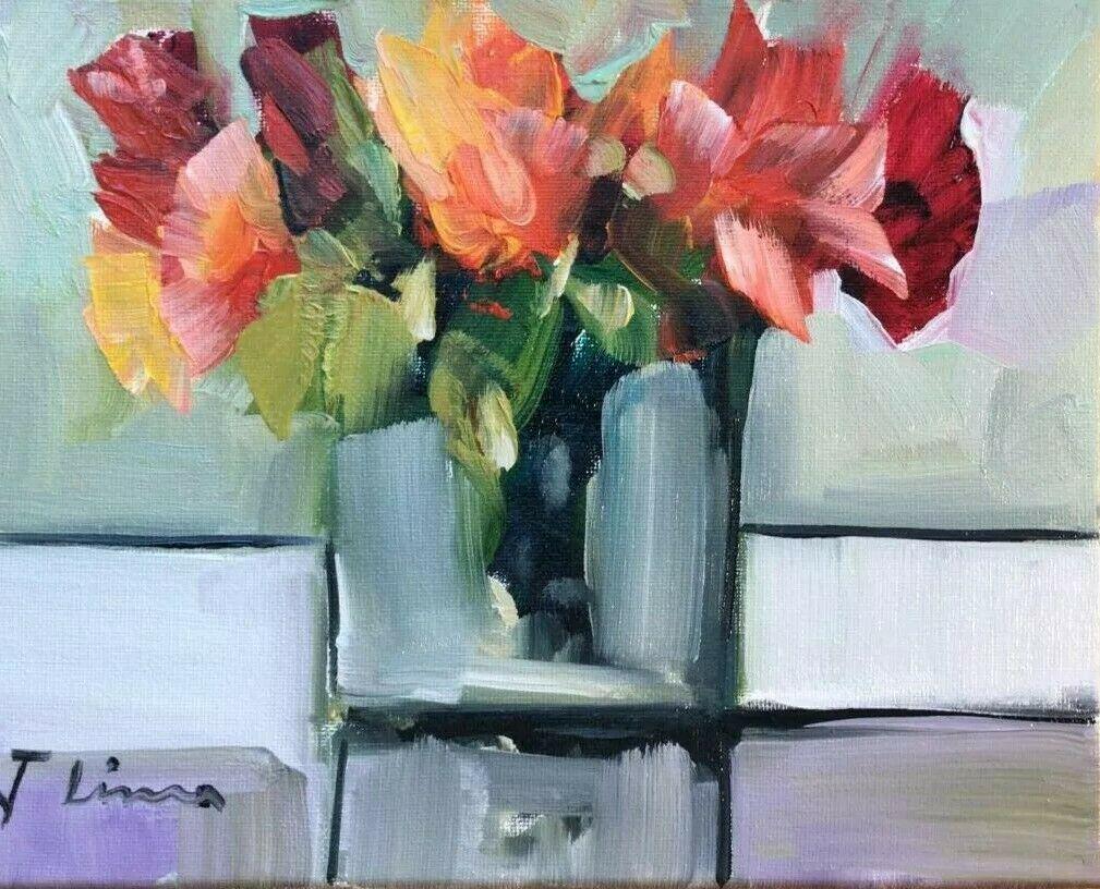 OIL PAINTING ON CANVAS FLOWERS VASE 8X10 inches (1 of 1)