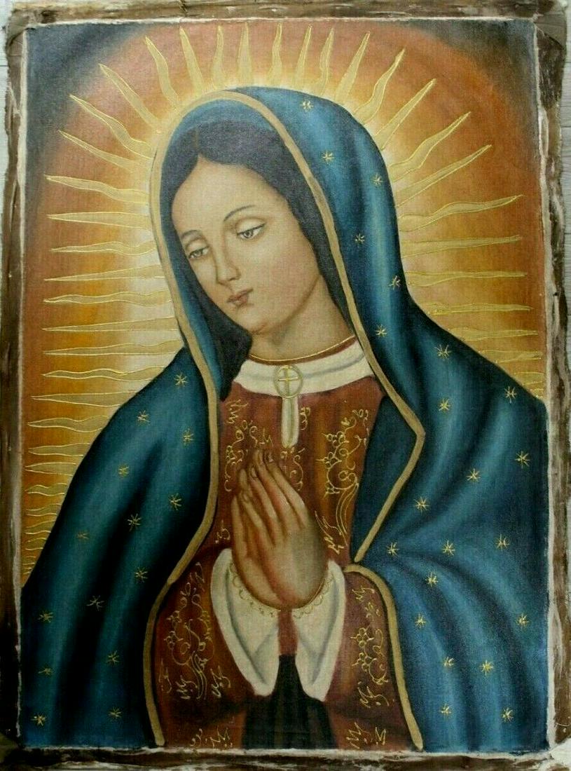 RELIGIOUS OIL ON CANVAS PAINTING VIRGIN: Religious Portrait of Mary. Unframed Oil on Canvas Painting. Size: 19 X 27 inches approx. The Cusco School is a Roman Catholic artistic tradition based in Cusco, Peru during the Colonial period from t