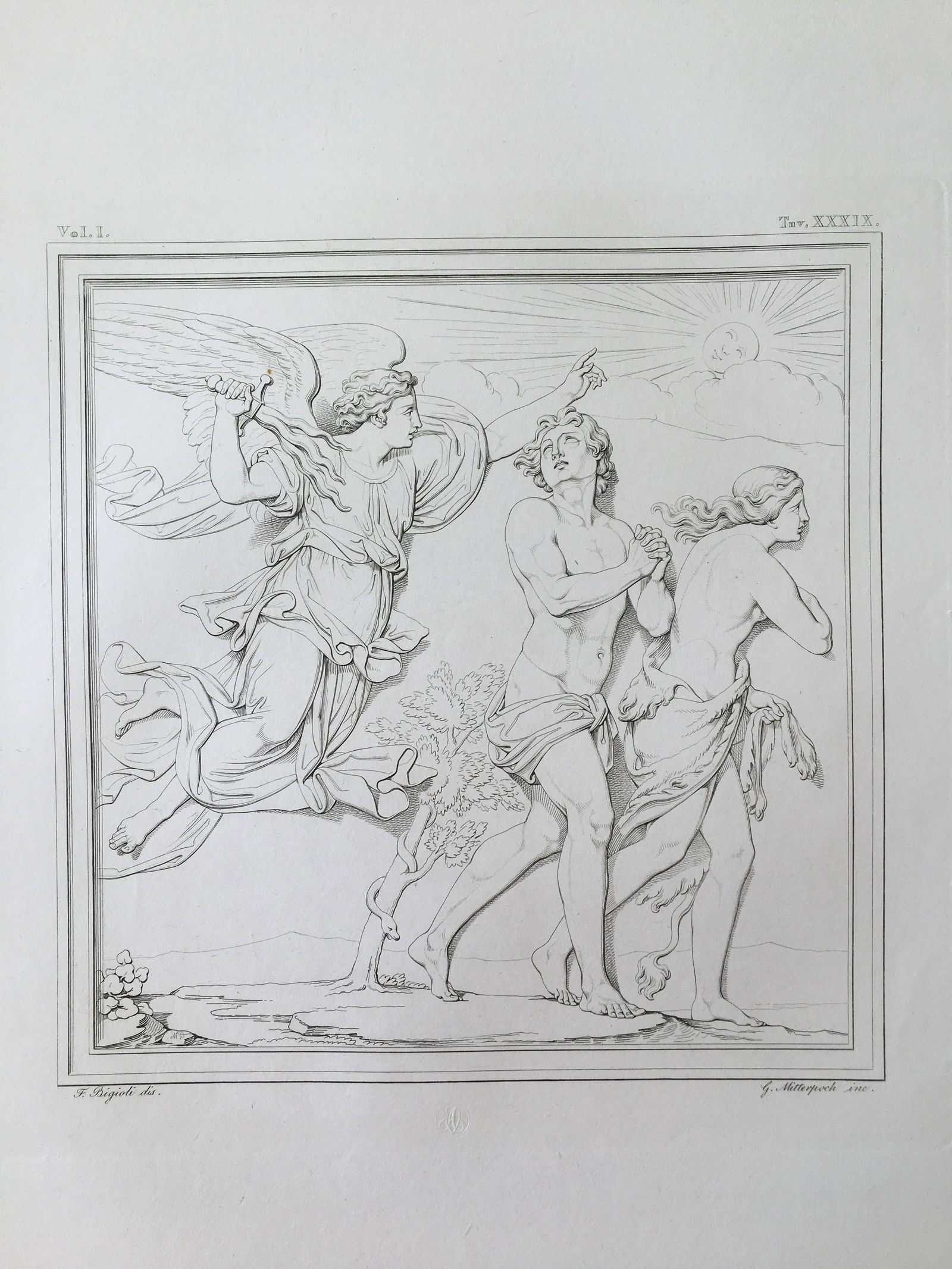 ANTIQUE ITALIAN RELIGIOUS PRINT ADAM AND EVE EXPULSION (1 of 2)