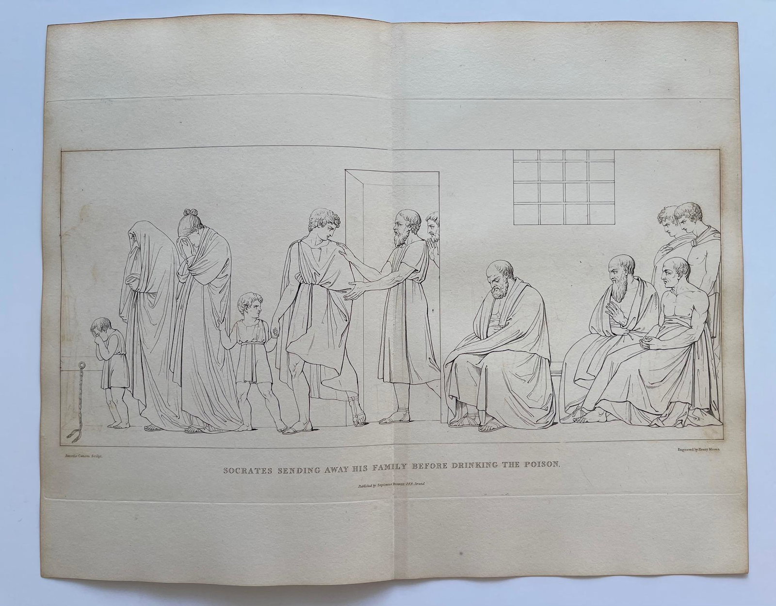 ANTIQUE ENGRAVING SOCRATES SENDING AWAY HIS FAMILY: SIZE: 10 X 13 Inches Approx. Unframed. Centerfold as issued. Printed 1823