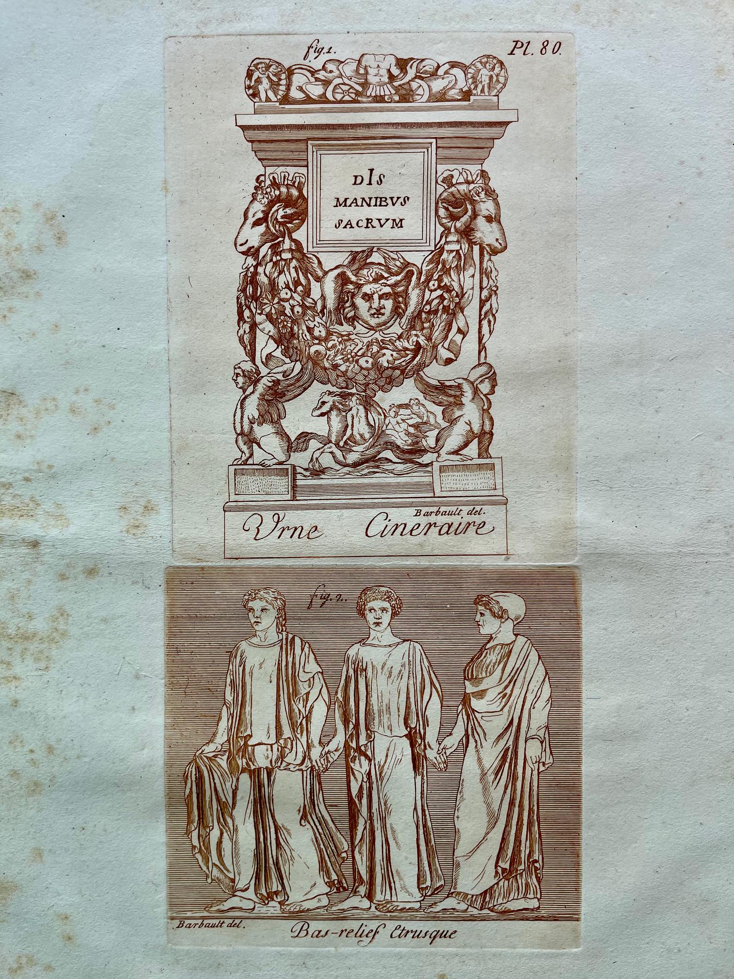 ETRUSCAN ANTIQUE SEPIA ETCHING C 1780 BARBAULT: VERY RARE BARBAULT SEPIA ETCHING PRINTED FRANCE CIRCA 1780. UNFRAMED. SHEET SIZE: 20X14 INCHES APPROX.