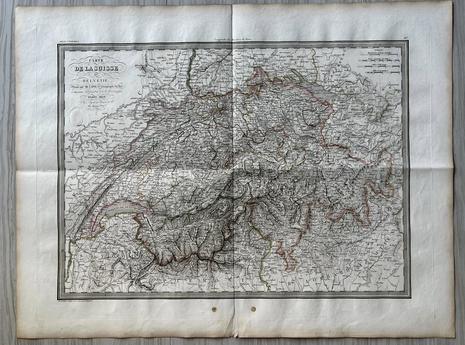 ANTIQUE SWITZERLAND MAP 1833: SIZE: 25.5 X 20 INCHES APPROX. UNFRAMED