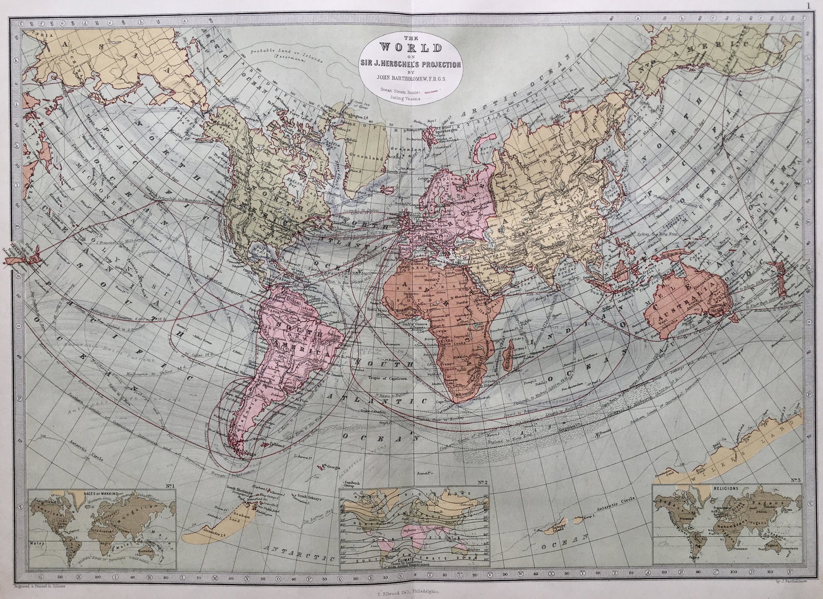 MAP OF THE WORLD 1878: Size: 18 X 13 inches approx. Unframed. Printed 1878. Centerfold as issued.