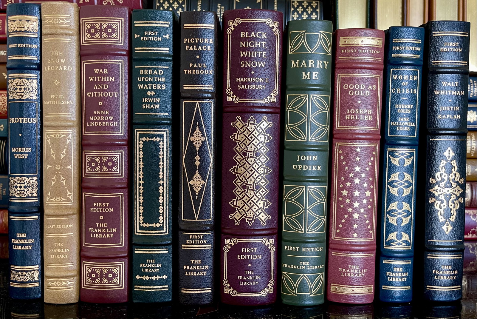 LOT OF 10 THE FRANKLIN LIBRARY, LIMITED FIRST EDITION: THE SNOW LEOPARD - PETER MATTHIESSEN - FIRST EDITION WOMEN OF CRISIS - ROBERT COLES - FIRST EDITION BREAD UPON THE WATERS - IRWIN SHAW - FIRST EDITION BLACK, NIGHT, WHITE SNOW - HARRISON E. SALISBURY 