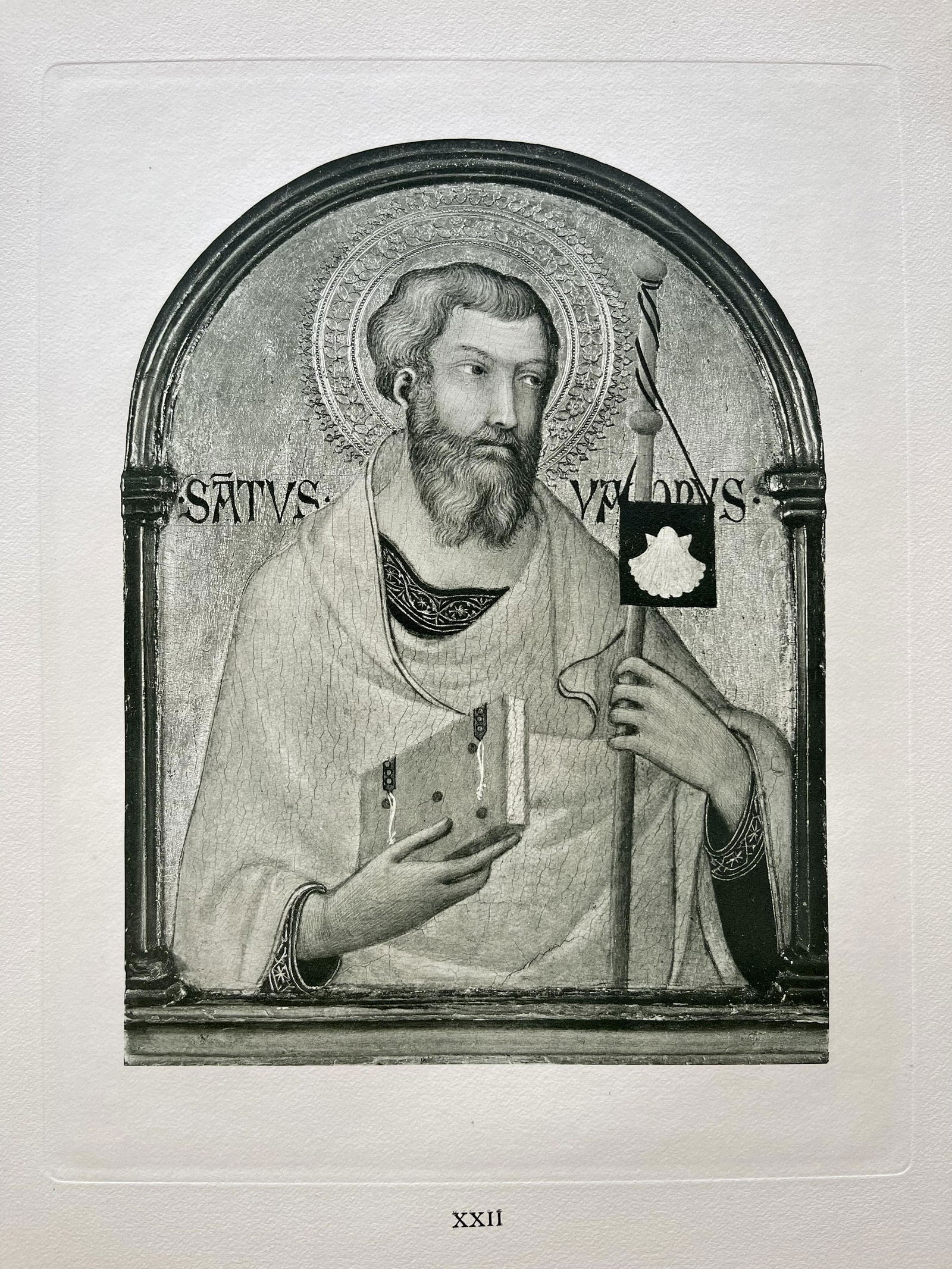 PRINT AFTER SIMONE MARTINI SAINT JAMES: PRINT AFTER SIMONE MARTINI SAINT JAMES. Size: 19 X 15 INCHES APPROX. UNFRAMED. Printed in Paris 1928.