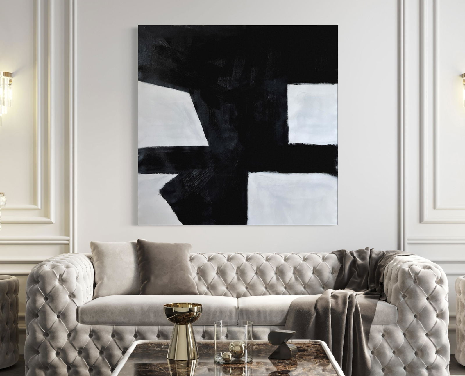LARGE ABSTRACT BLACK AND WHITE ARYLIC ON CANVAS PAINTING (1 of 2)