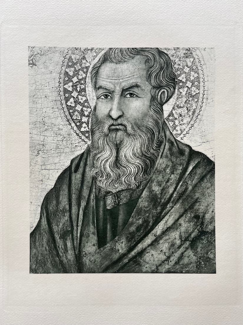 LOT OF 7 FRENCH RELIGIOUS ETCHINGS: PRINT AFTER UGOLINO DA SIENA ST JOHN THE EVANGELIST. Size: 19 X 15 INCHES APPROX. UNFRAMED. Printed in Paris 1928. PRINT AFTER SIMONE MARTINI SAINT THADDEUS. Size: 19 X 15 INCHES APPROX. UNFRAMED. Pri