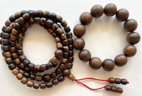 WOOD BUDDHIST MALA AND BRACELET: TIBETAN BUDDHIST WOOD BRACELET AND MALA. BRACELET HAS 13 BEADS. EACH BEAD ABOUT 2 CM.