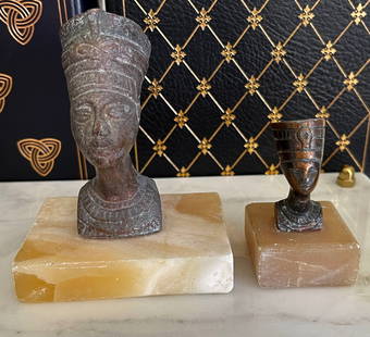 TWO BRONZE AND ALABASTER NEFERTITI BUSTS: LARGEST IS 4 INCHES TALL APPROX. SMALLEST IS 2.5 INCHES APPROX.