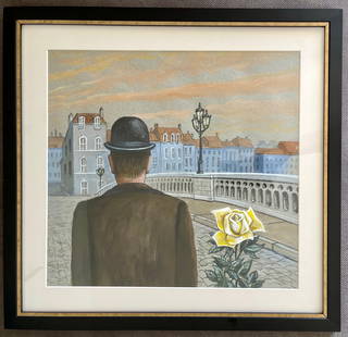 RENE MAGRITTE DRAWING: ORIGINAL DRAWING IN THE STYLE OF RENE MAGRITTE. FRAME SIZE: 18.5 X 17.5 INCHES APPROX. NO COA THE DRAWING IS BEEN SOLD AS IN THE STYLE OF THE ARTIST. THE DRAWING HAS NOT BEEN INSPECTED OUTSIDE THE FRA