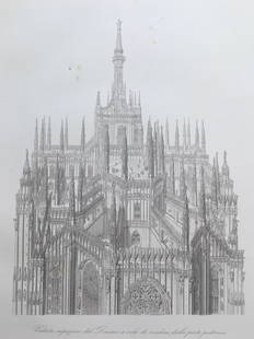 ANTIQUE ARCHITECTURAL ENGRAVING ITALIAN CATHEDRAL: 18.5 X 12.5 inches approx. Unframed. Printed Rome Circa 1830. Shipping via USPS Priority Mail $20