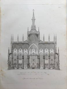 ANTIQUE ARCHITECTURAL ENGRAVING ITALIAN CATHEDRAL: 18.5 X 12.5 inches approx. Unframed. Printed Rome Circa 1830. Shipping via USPS Priority Mail $20