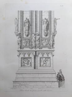 ANTIQUE ARCHITECTURAL ENGRAVING ITALIAN CATHEDRAL: 18.5 X 12.5 inches approx. Unframed. Printed Rome Circa 1830. Shipping via USPS Priority Mail $20