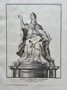 ANTIQUE ITALIAN ENGRAVING STATUE OF POPE URBAN PALAZZO CAPITOLINO ROME: Printed Rome early 18th C. Laid Paper. SIZE: 19 X 14 INCHES APPROX. PRINT IS UNFRAMED. SHIPPING IN THE U.S VIA USPS PRIORITY MAIL $20.