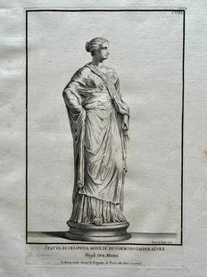 ANTIQUE ITALIAN ENGRAVING STATUE OF CRISPINA WIFE OF EMPEROR COMMODUS: Printed Rome early 18th C. Laid Paper. SIZE: 19 X 14 INCHES APPROX. PRINT IS UNFRAMED. SHIPPING IN THE U.S VIA USPS PRIORITY MAIL $20.