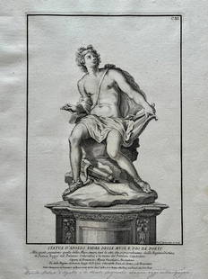 ANTIQUE ITALIAN ENGRAVING STATUE OF APOLLO: Printed Rome early 18th C. Laid Paper. SIZE: 19 X 14 INCHES APPROX. PRINT IS UNFRAMED. SHIPPING IN THE U.S VIA USPS PRIORITY MAIL $20.