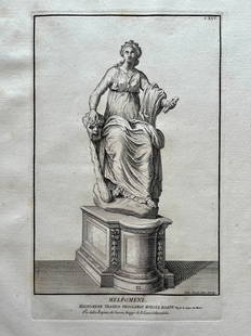 ANTIQUE ITALIAN ENGRAVING ROMAN STATUE OF MUSE MELPOMENE: Printed Rome early 18th C. Laid Paper. SIZE: 19 X 14 INCHES APPROX. PRINT IS UNFRAMED. SHIPPING IN THE U.S VIA USPS PRIORITY MAIL $20.