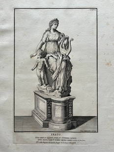 ANTIQUE ITALIAN ENGRAVING GREEK ROMAN STATUE OF MUSE ERATO: Printed Rome early 18th C. Laid Paper. SIZE: 19 X 14 INCHES APPROX. PRINT IS UNFRAMED. SHIPPING IN THE U.S VIA USPS PRIORITY MAIL $20.