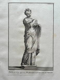 ANTIQUE ITALIAN ENGRAVING GREEK ROMAN STATUE OF A MUSE PALAZZO LANCELLOTTI: Printed Rome early 18th C. Laid Paper. SIZE: 19 X 14 INCHES APPROX. PRINT IS UNFRAMED. SHIPPING IN THE U.S VIA USPS PRIORITY MAIL $20.