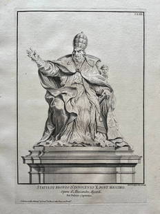 ANTIQUE ITALIAN ENGRAVING STATUE OF POPE INNOCENT: Printed Rome early 18th C. Laid Paper. SIZE: 19 X 14 INCHES APPROX. PRINT IS UNFRAMED. SHIPPING IN THE U.S VIA USPS PRIORITY MAIL $20.