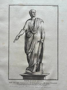 ANTIQUE ITALIAN ENGRAVING ROMAN STATUE OF LUCIO ANTONIO: Printed Rome early 18th C. Laid Paper. SIZE: 19 X 14 INCHES APPROX. PRINT IS UNFRAMED. SHIPPING IN THE U.S VIA USPS PRIORITY MAIL $20.