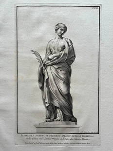 ANTIQUE ITALIAN ENGRAVING ROMAN STATUE OF SUSANA DI FRANCESCO: Printed Rome early 18th C. Laid Paper. SIZE: 19 X 14 INCHES APPROX. PRINT IS UNFRAMED. SHIPPING IN THE U.S VIA USPS PRIORITY MAIL $20.