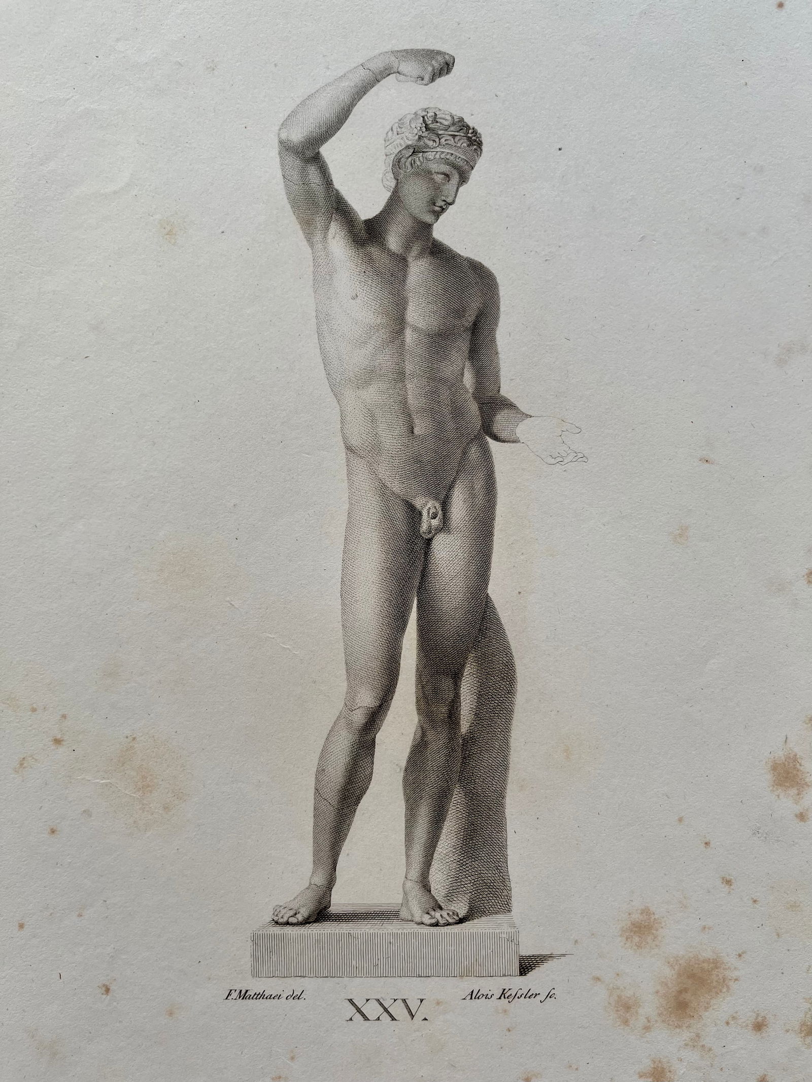 ANTIQUE NEOCLASSICAL ENGRAVING MALE NUDE: Antique Engraving of a Neoclassical Statue. Engraving Size: 15.5 X 10.5 inches approx. Unframed. Printed France Circa 1820.