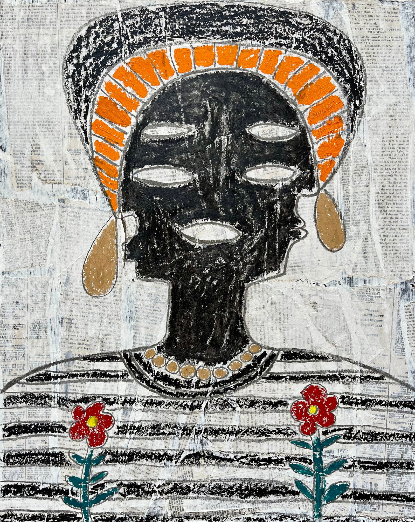 OURTSIDER ART MIXED MEDIA: MIXED MEDIA ON CARDBOARD. OIL STICK AND GRAPHITE ON NEWSPAPER COLLAGE. SIZE: 16 X 20 INCHES. UNFRAMED