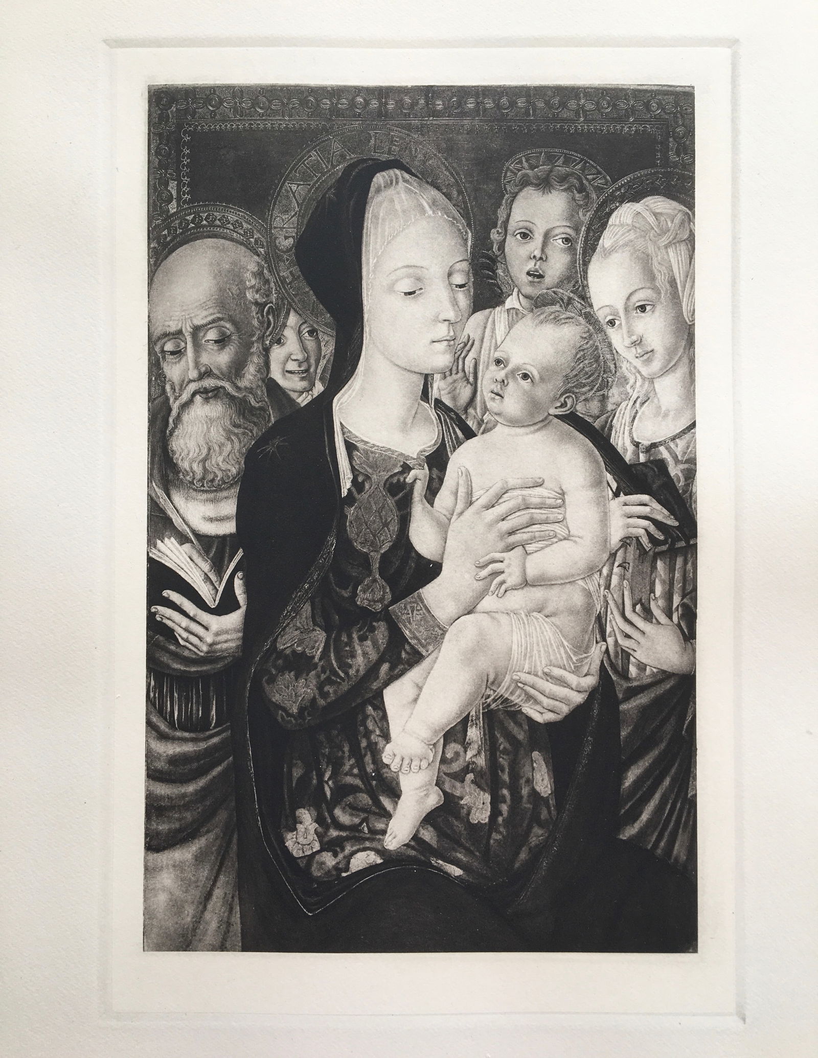 ETCHING AFTER MATTEO DI GIOVANNI MADONNA AND CHILD: Rare Antique Etching after Old Master Matteo Di Giovanni. The Madonna and Child with Saints and Angels. Size: 14.5 X 11 inches approx. Etching is Unframed. Thick paper.