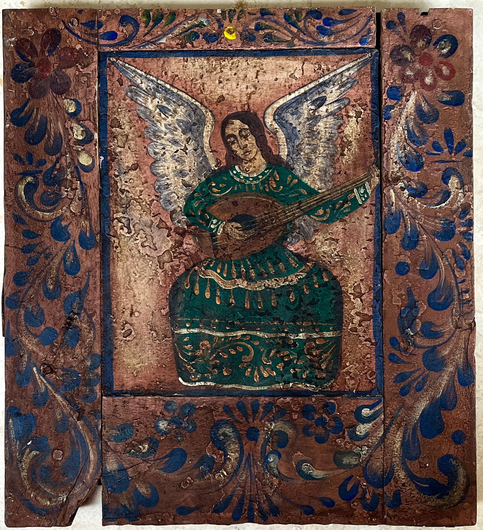 ANTIQUE MEXICAN RELIGIOUS ICON RETABLO ANGEL WITH GUITAR (1 of 6)