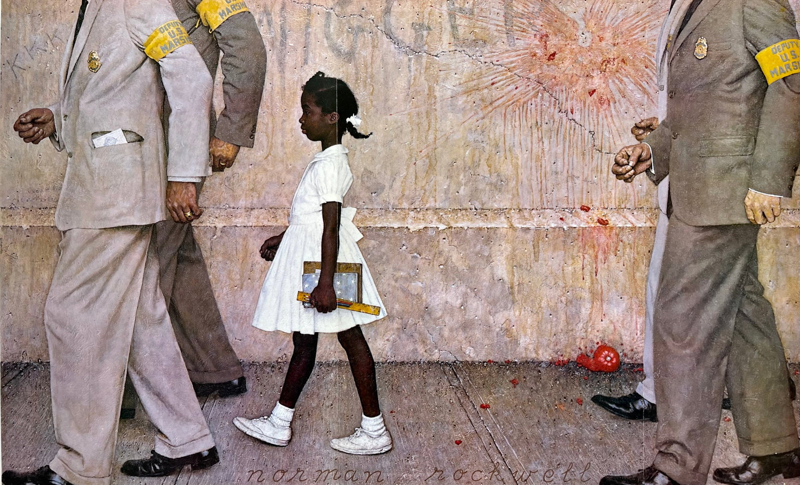 NORMAN ROCKWELL VINTAGE PRINT "THE PROBLEM WE ALL LIVE WITH": PRINT BY NORMAN ROCKWELL PRINTED 1970. SIZE: 17 X 28 INCHES APPROX. UNFRAMED. FOLDED AS ISSUED. SHIPPING IN THE U.S VIA USPS PRIORITY MAIL $18.