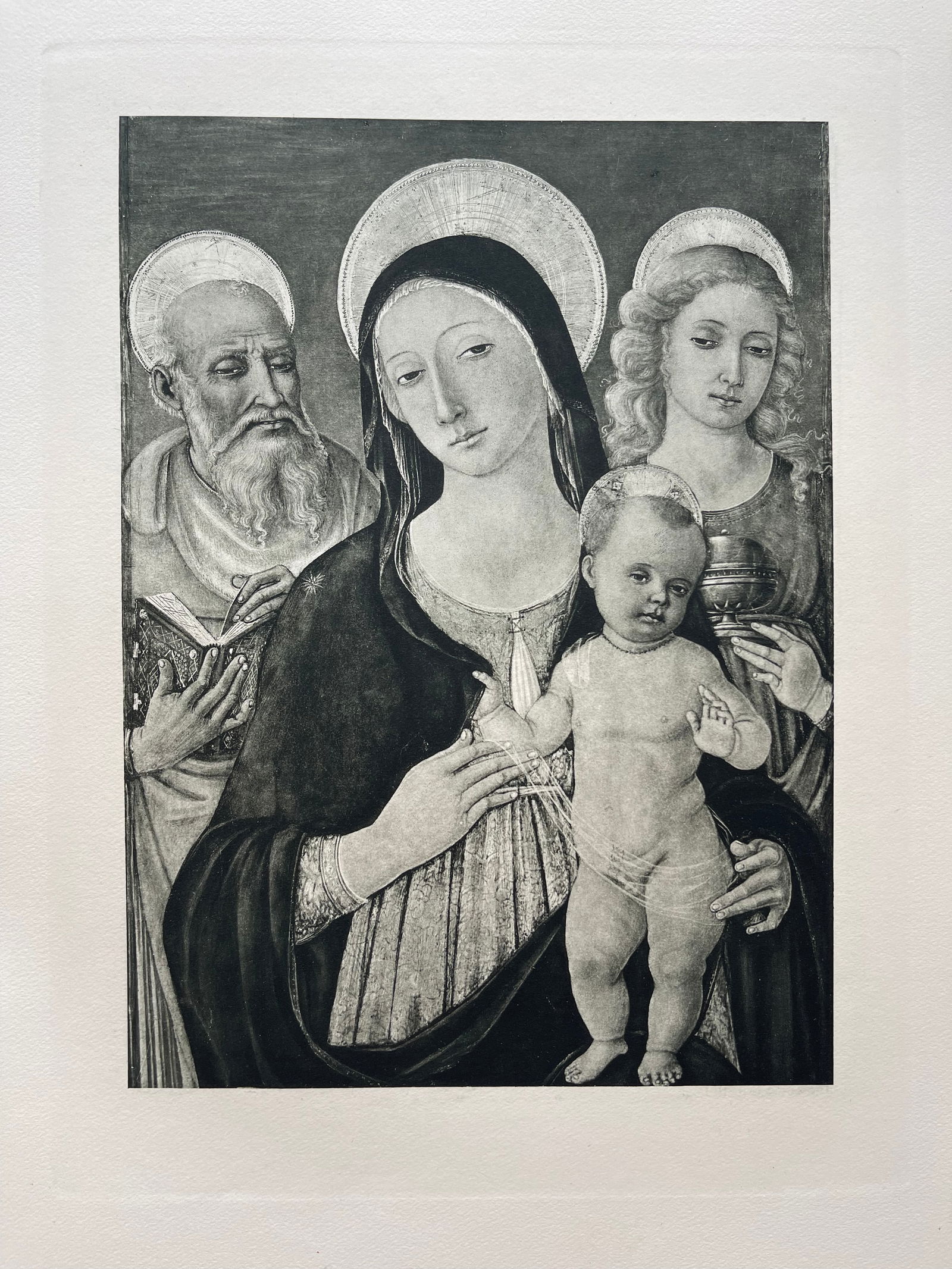 LARGE ETCHING AFTER MATTEO DI GIOVANNI MADONNA AND CHILD: Size: 19 X 15 INCHES APPROX. UNFRAMED. Printed in Paris Ca 1928. Shipping In the U.S via USPS Priority Mail $18
