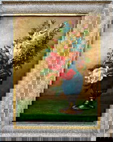 ANTIQUE FOLK ART OIL ON CANVAS VASE OF FLOWERS