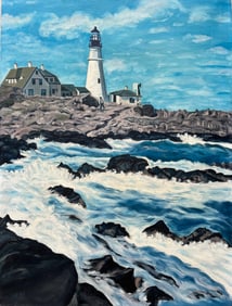 ORIGINAL OIL ON CANVAS VINTAGE PAINTING LIGHTHOUSE