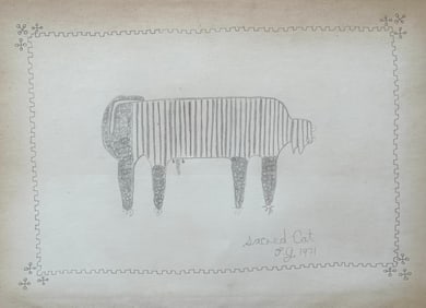 FOLK ART GRAPHITE ON PAPER DRAWING "SACRED CAT"