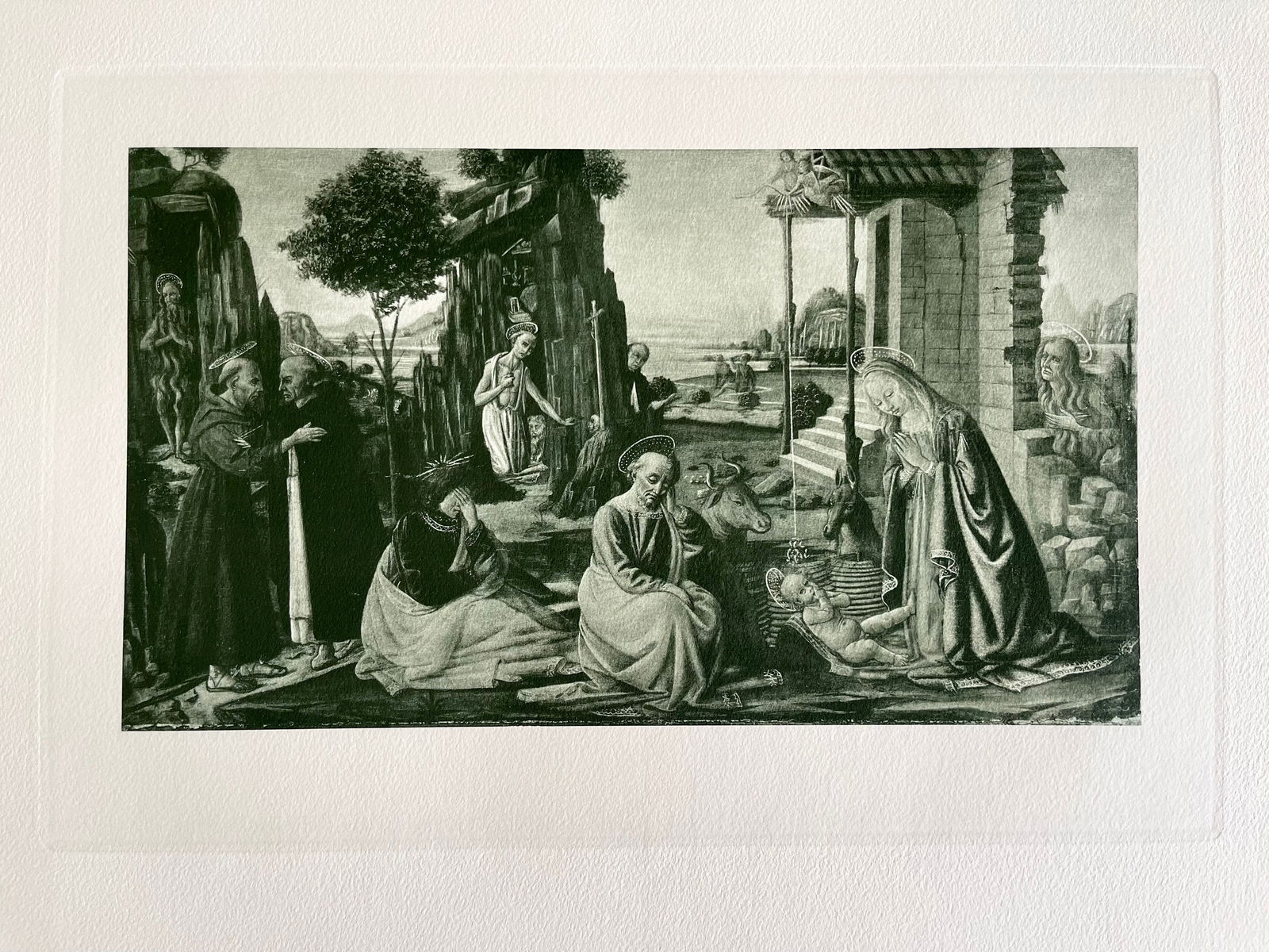 LARGE RELIGIOUS ETCHING AFTER JACOPO DEL SELLAIO NATIVITY: Size: 19 X 15 INCHES APPROX. UNFRAMED. Printed in Paris Ca 1928. SHIPPING IN THE U.S VIA USPS PRIORITY MAIL $20