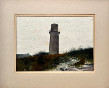 VINTAGE WATERCOLOR LIGHTHOUSE AT CAPE ELIZABETH MAINE