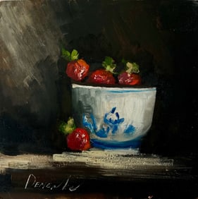 ORIGINAL OIL PAINTING STILL LIFE STRAWBERRIES BOWL