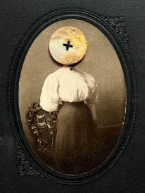 ANTIQUE EERIE OUTSIDER FOLK ART RARE PHOTO COLLAGE WITH BUTTON VICTORIAN GOTHIC