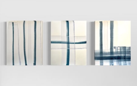 SET OF 3 ABSTRACT MODERN ACRYLIC PAINTINGS WHITE AND BLUE