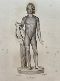 ANTIQUE NEOCLASSICAL ENGRAVING NUDE STATUE OF APOLLO